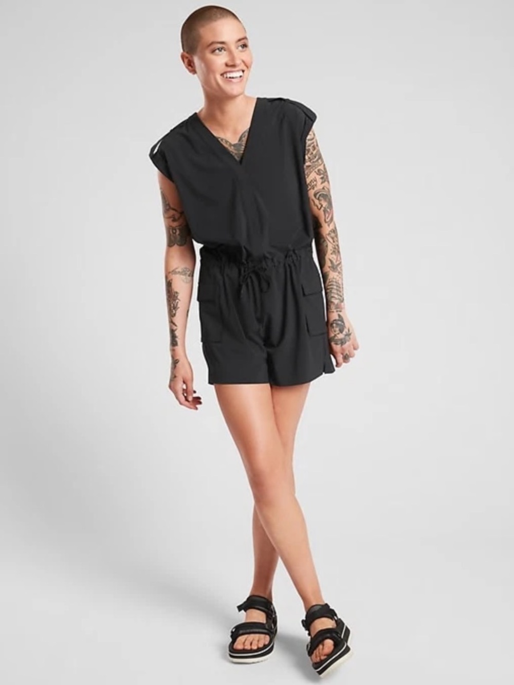 Athleta Sutton Cap Sleeve Semi-Fitted 3.5" Inseam Black V Neck Romper